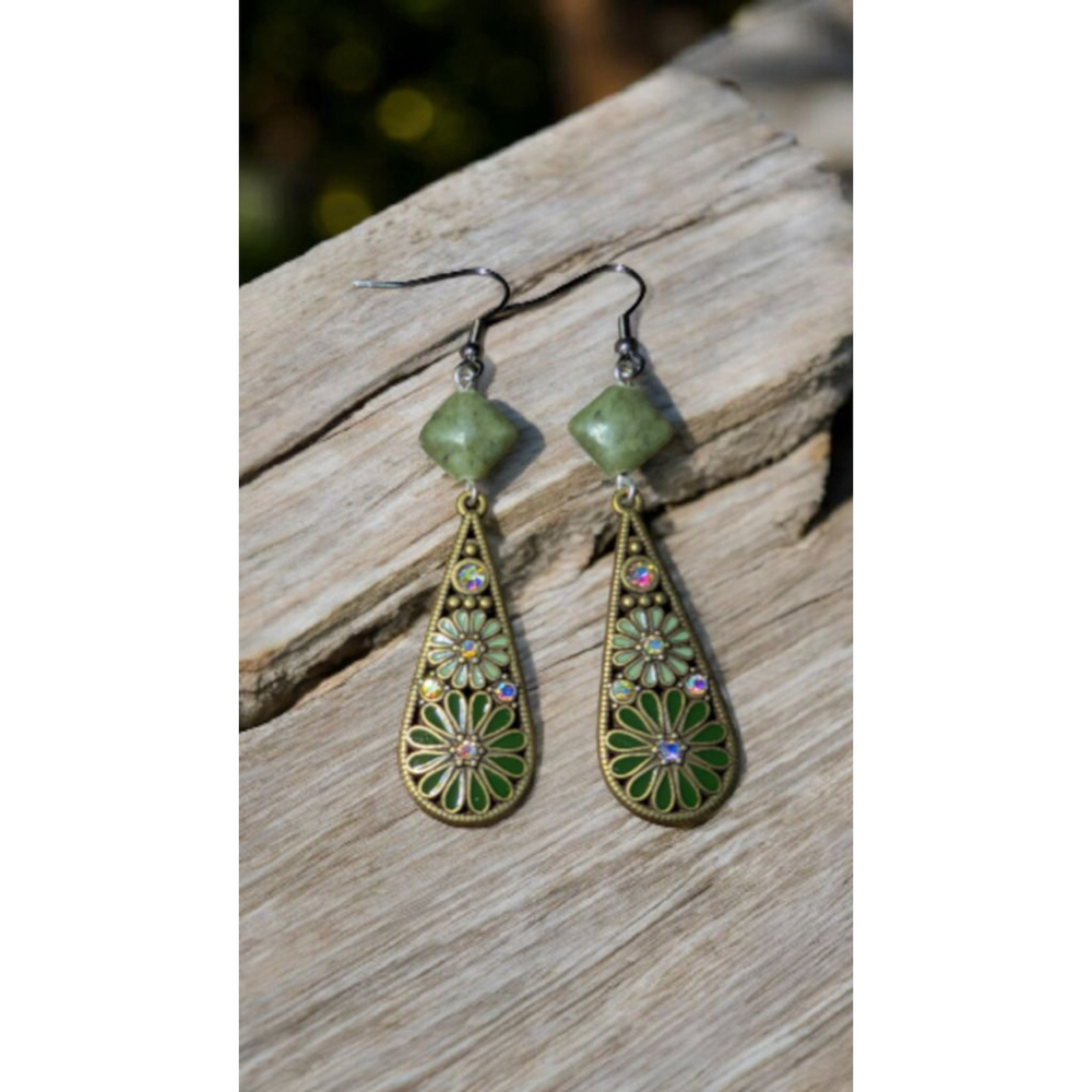 Women's Handmade Boho Green & Gold Teardrop Long Dangle Earrings